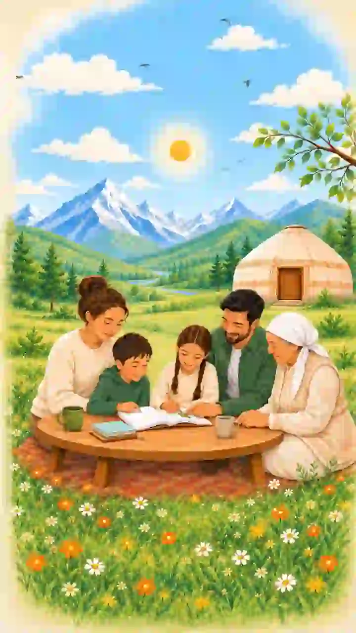 Семья за столом с книгой на фоне гор и юрты